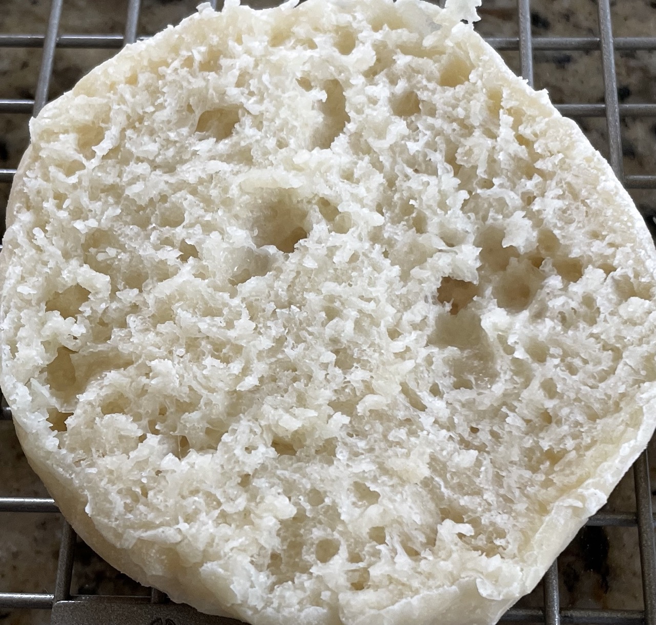 shows the nooks and crannies on the inside of the English muffin