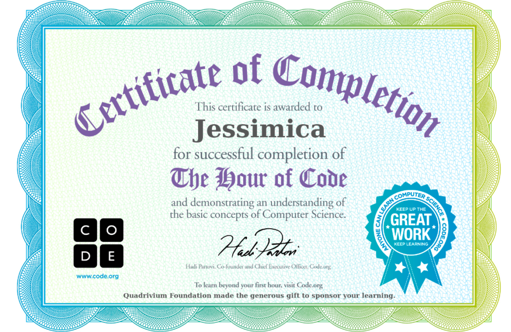 Certificate of completion for successful completion of The Hour of Code